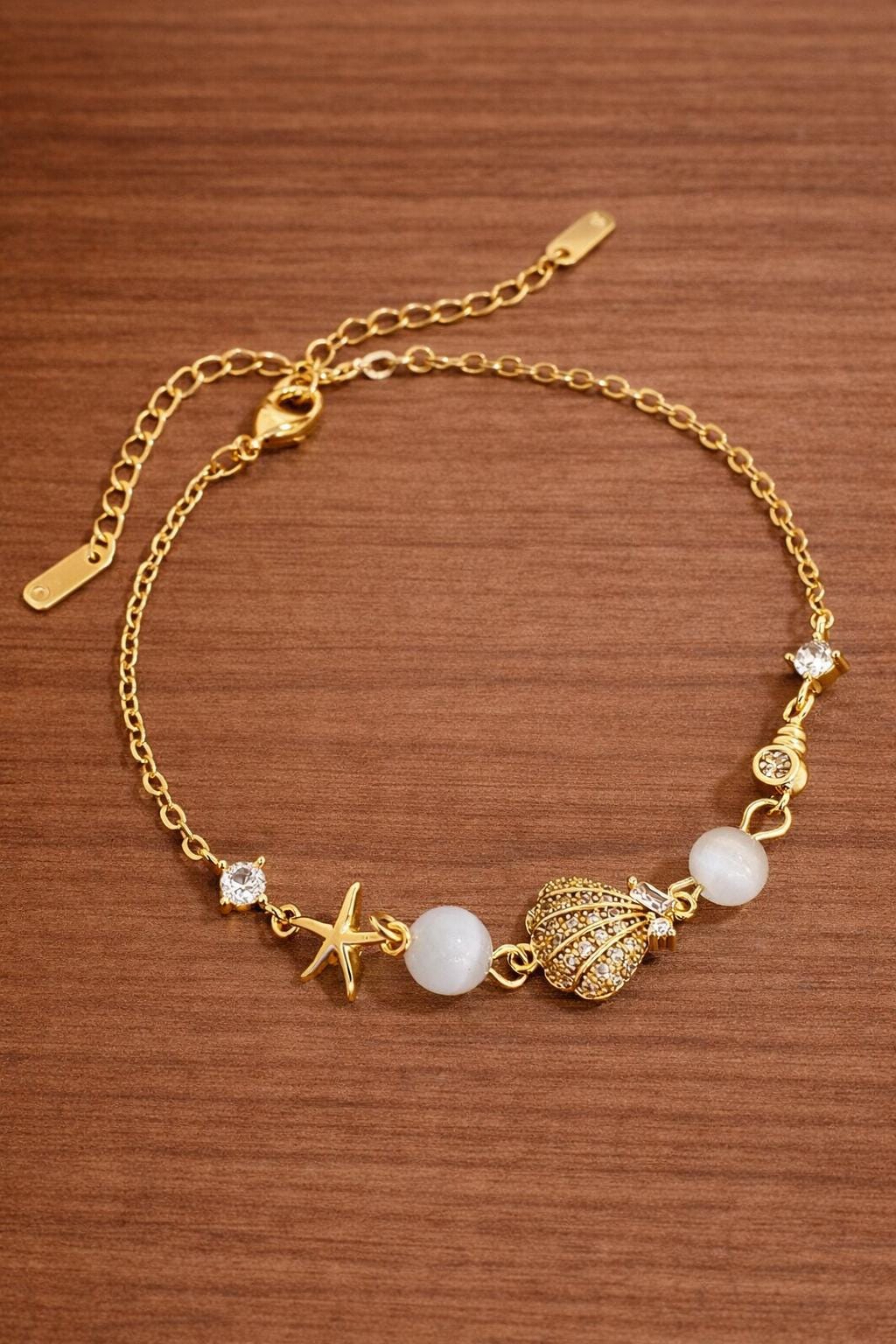 18K Gold Ocean Star Shell Bracelet, Cat Eye Stone CZ Boho Beach Jewelry