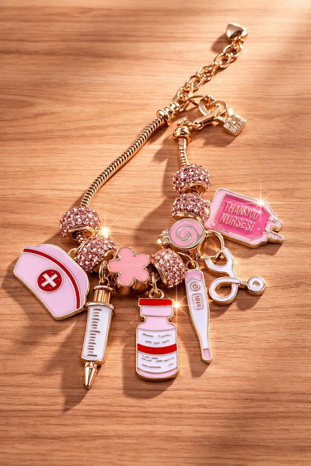Pink Nurse Charm Bracelet, Medical Theme Jewelry, Stethoscope Syringe Pendant, Cosplay Accessory