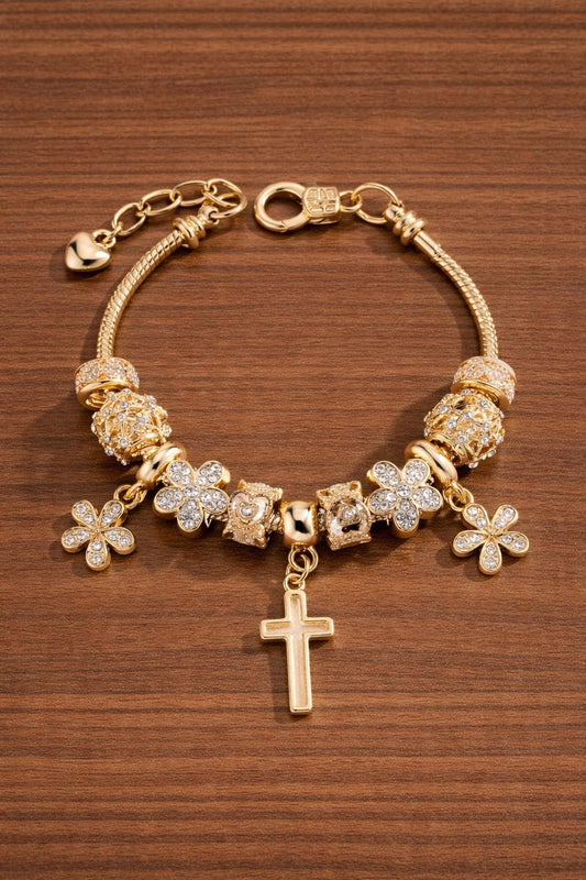 1pc Fashionable Heart, Cross, Floral Beaded Bracelet For Women With Cross Pendant Charm