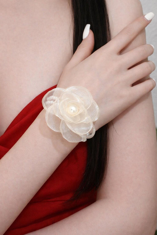 Chiffon Camellia Pearl Bracelet Headband Set, Bridal Floral Hair Accessories