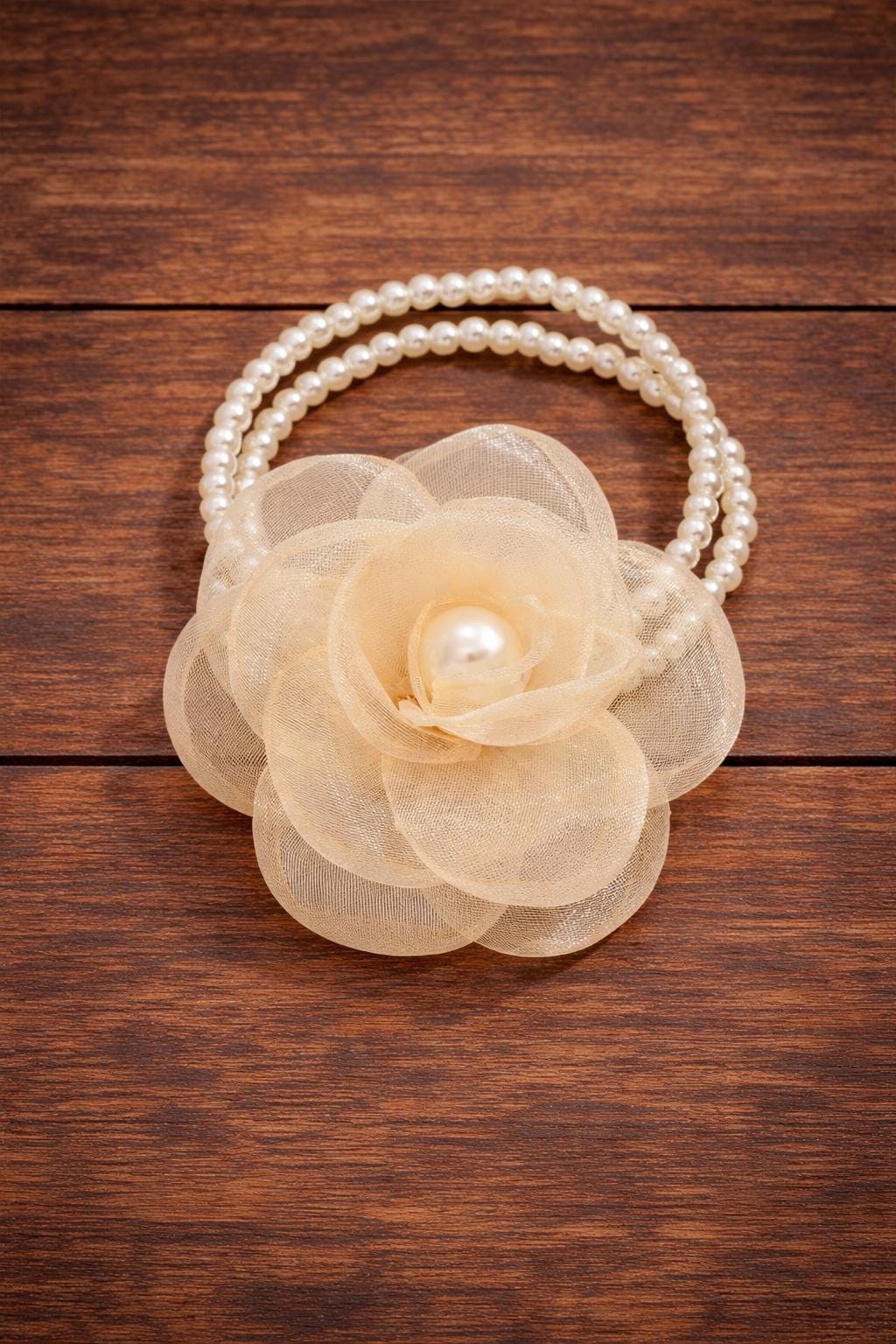 Chiffon Camellia Pearl Bracelet Headband Set, Bridal Floral Hair Accessories