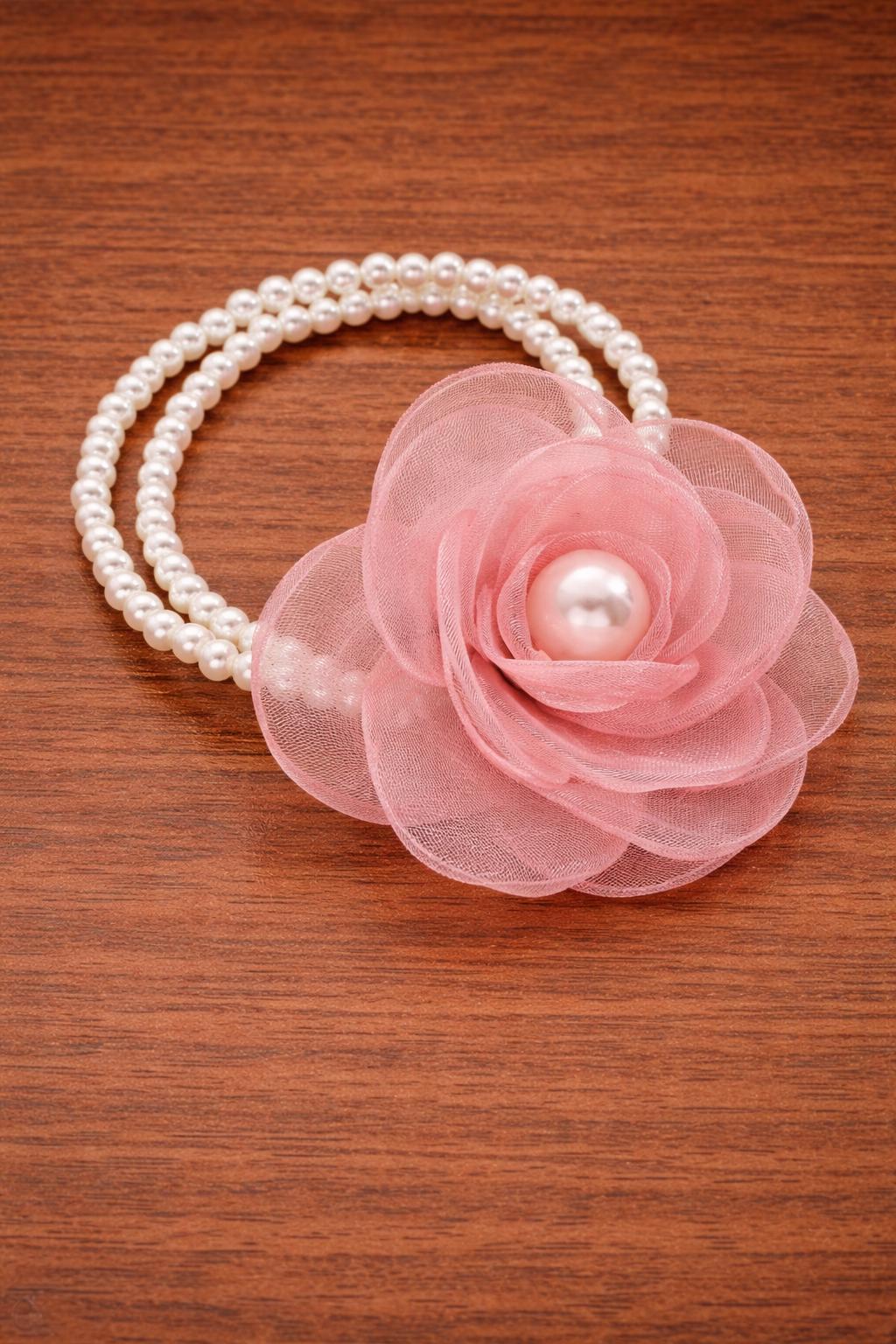 Chiffon Camellia Pearl Bracelet Headband Set, Bridal Floral Hair Accessories