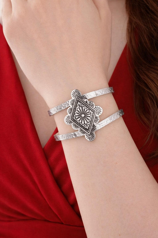 Vintage Geometric Boho Open Cuff Bracelet, Distressed Silver Unisex Bangle