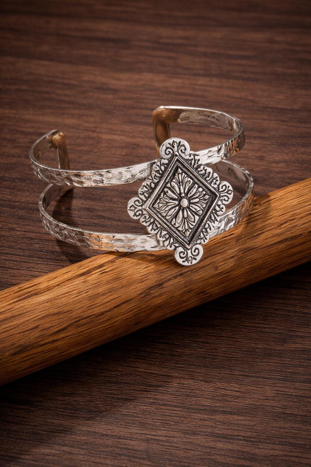 Vintage Geometric Boho Open Cuff Bracelet, Distressed Silver Unisex Bangle