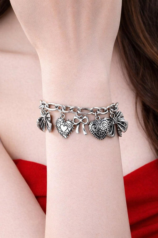 Retro Bow Heart Charm Bracelet, Vintage Multi Charms Locket Jewelry