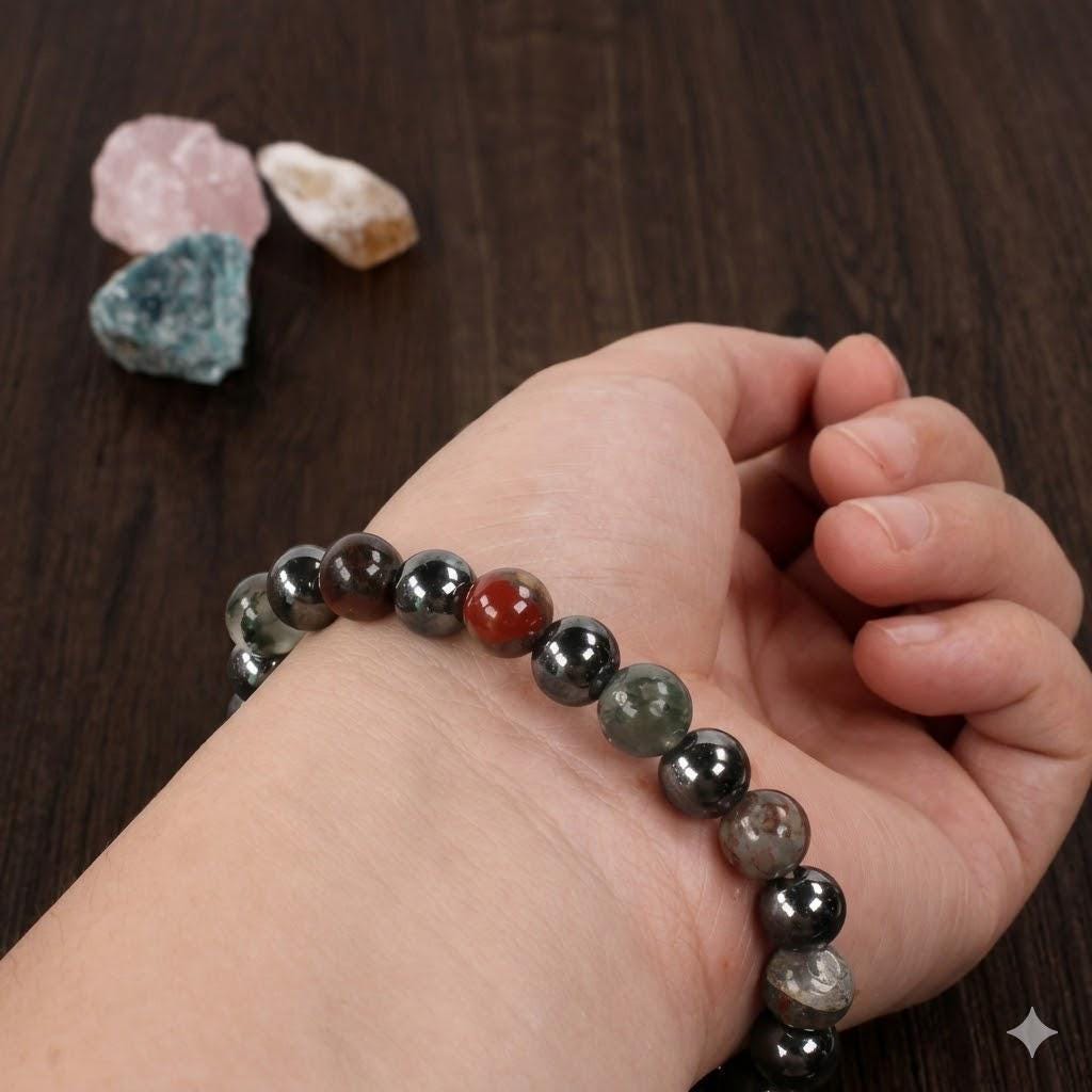 Natural African Bloodstone & Red Pine Bead Bracelet – Anxiety Stress Relief, Unisex Daily Wear