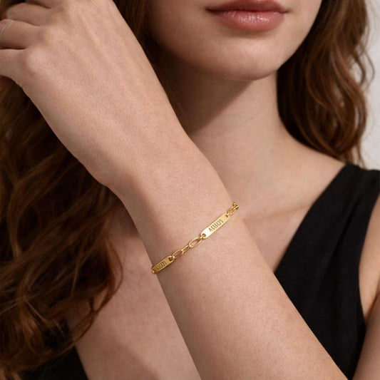 Custom Name Bar Bracelet, Gold Stainless Steel, Engraved ID, Dainty Paperclip Chain
