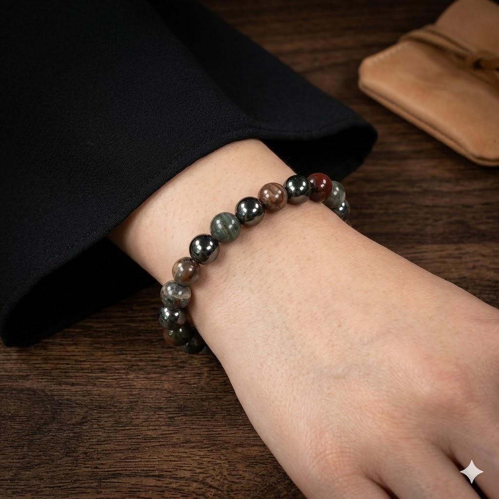 Natural African Bloodstone & Red Pine Bead Bracelet – Anxiety Stress Relief, Unisex Daily Wear